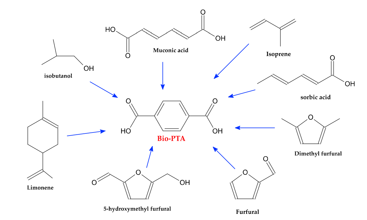 Fig. 2 Schematic representation of the methods used to achieve bio-based terephthalic acid